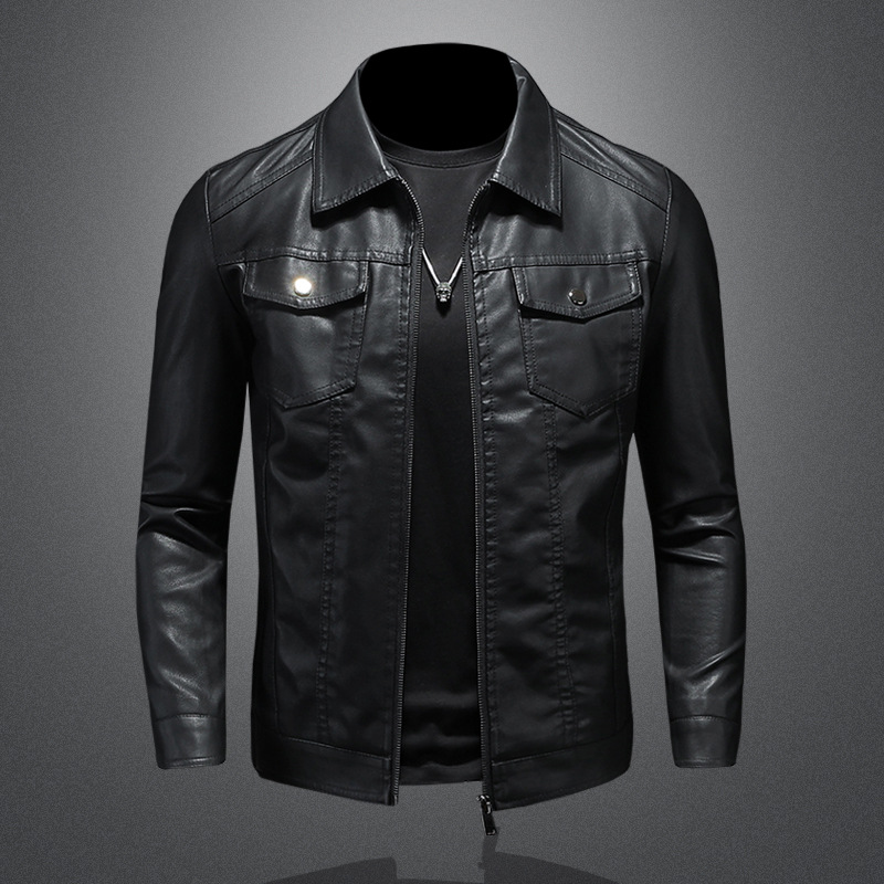 Leather Work Jacket Mens - Chaqueta de cuero con solapa para
