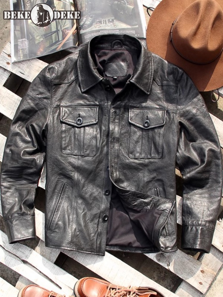 Leather Work Jacket Mens - Chaqueta Punk de cuero genuino para